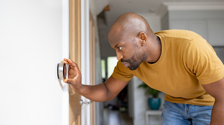 person adjusting a smart thermostat at home