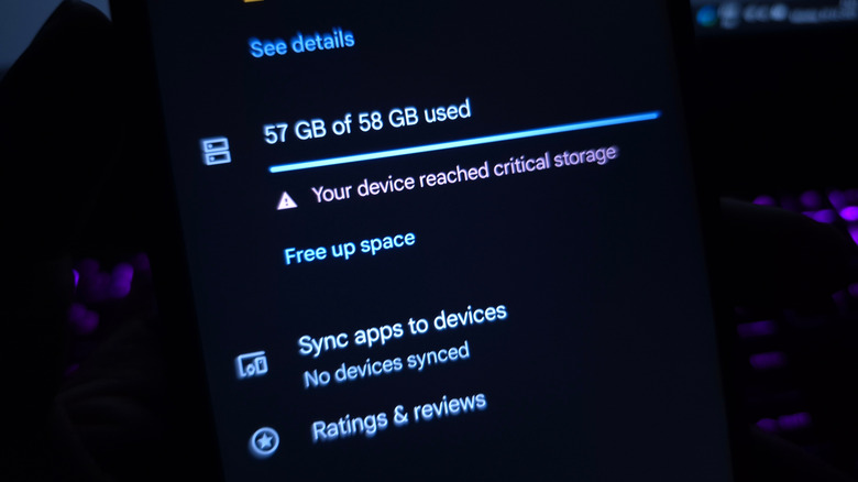 A smartphone showing a critical storage warning