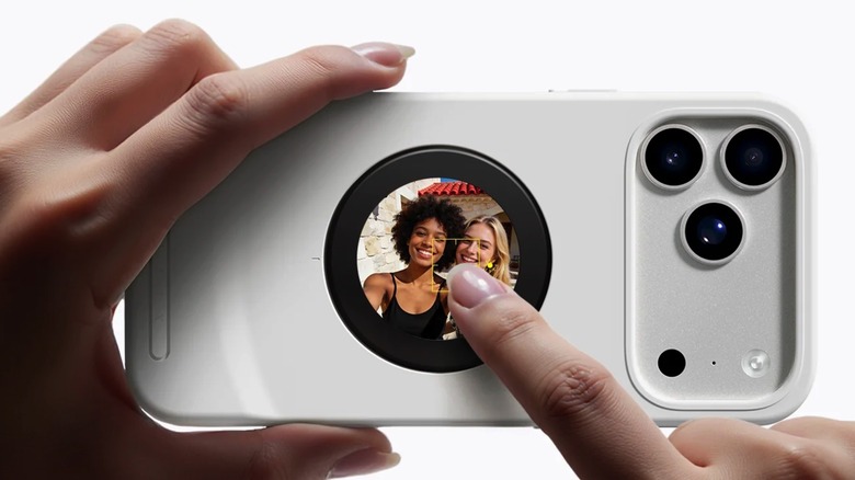 Closeup of the Selfix case's rear display on an iPhone 17 Pro.