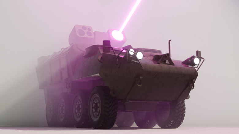 Tank firing laser weapon into the sky