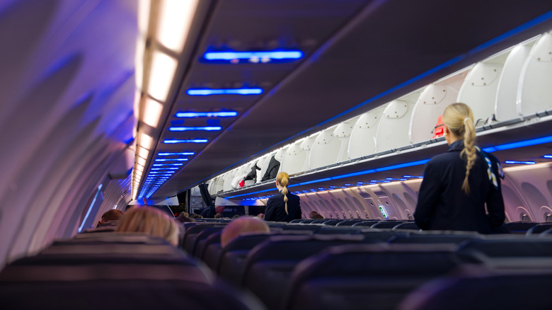 Cabin crew members between the rows of an airplane.