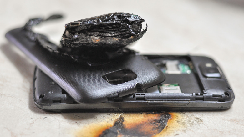 A thermal runaway event and fire involving a smartphone battery.