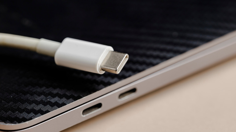A photograph of a USB-C cable resting against a laptop's USB-C ports.