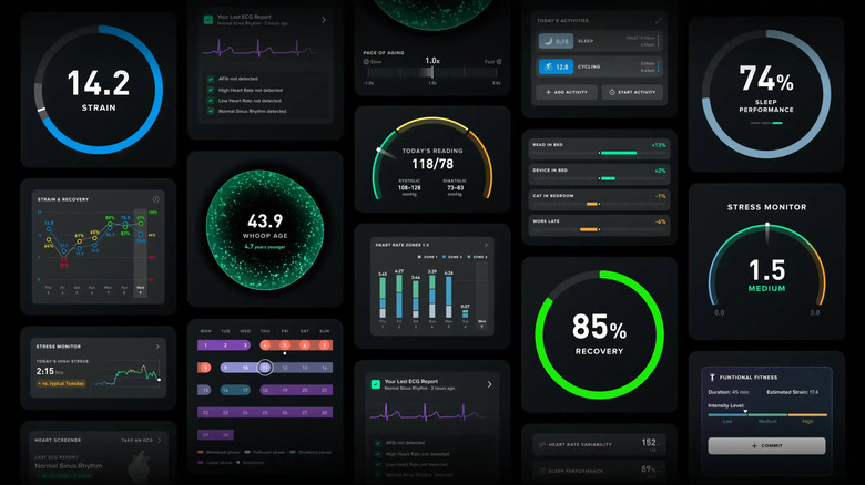 Whoop mobile app UI widgets in dark mode showing several health metrics and statistics.
