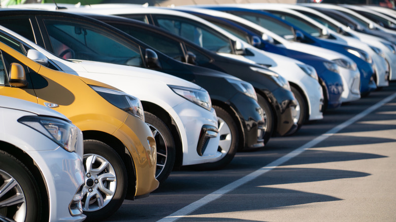 Several cars parked in a row.