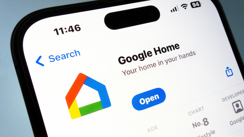 A zoomed image of a smartphone showing the Google Home app in the Google Play Store.