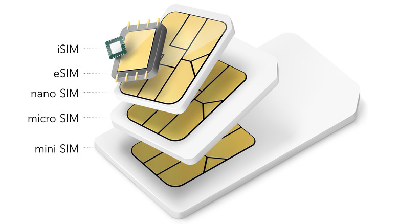 Different types of SIM cards, including physical SIMs (mini, micro, and nano), eSIM, and iSIM.