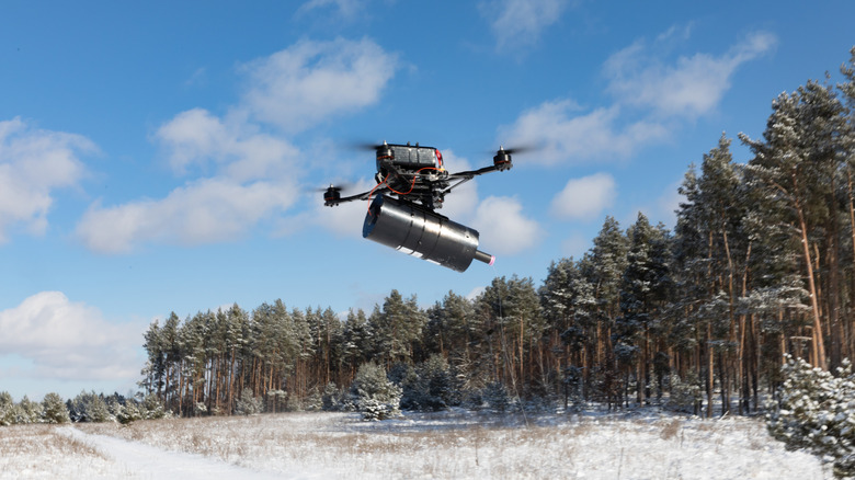 Fiber-optic drone is pictured during a test flight in Ukraine.