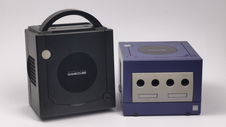 Black and purple GameCube against gray background