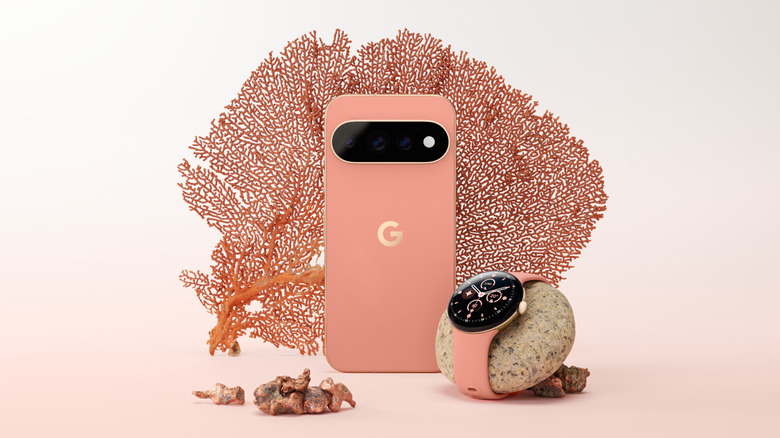 Pixel 11 Pro in the new orange color next to the Pixel Watch 5