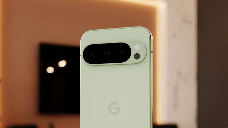 Close-up of a bright green Google Pixel 10 pro smartphone