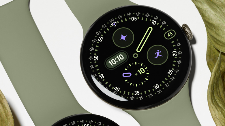 Close-up of the Pixel Watch 5 with the new Olive colored band