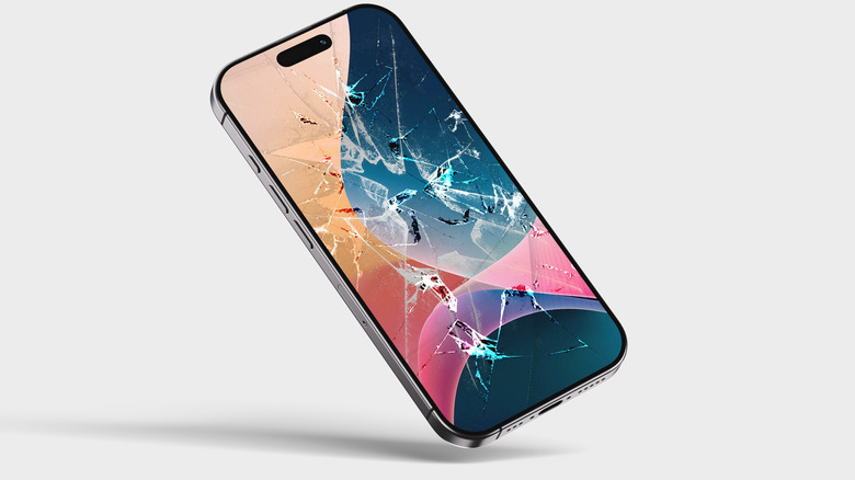 Smashed phone screen with white background.
