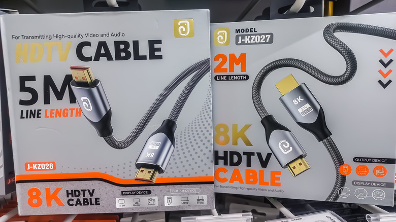 Modern HDMI cables for sale at a retail store