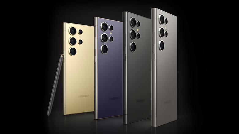 Four different colorways for Samsung S24 Ultra with a Mineral Chic style. Colors from left to right: Titanium Yellow, Violet, Black and Grey.