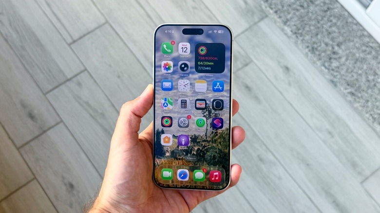 A hand holding an iPhone in an outdoor environment