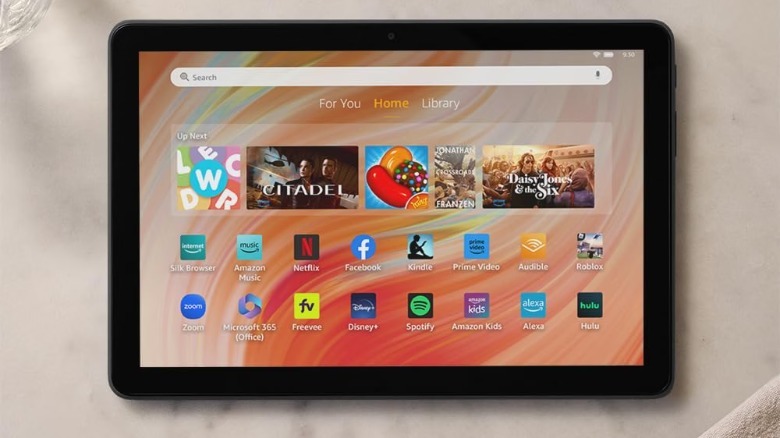 An Amazon Fire HD 10 open, displaying numerous app.