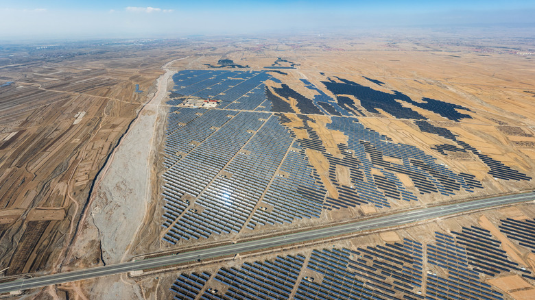Aerial view of a solar farm built on a desert in China