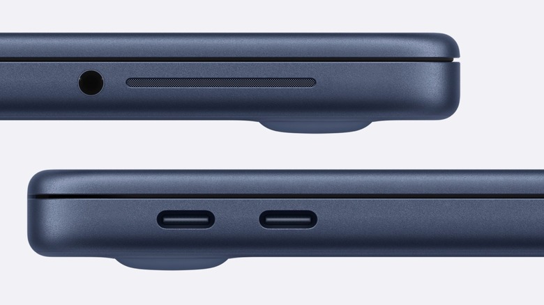 A close-up at the MacBook Neo USB-C ports, 3.5 mm headphone jack, and speaker.