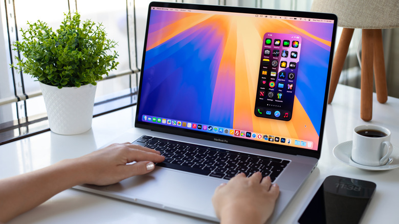 A MacBook open to the home screen sits on a white table as two hands reach out to use the keyboard, the Mac is surrounded by a potted plant, a cup of coffee, and a smartphone