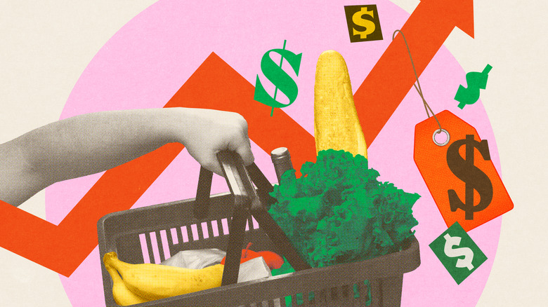 grocery bill rising concept, hand holding grocery basket with vegetables and fruits, price rises illustrations surrounding it