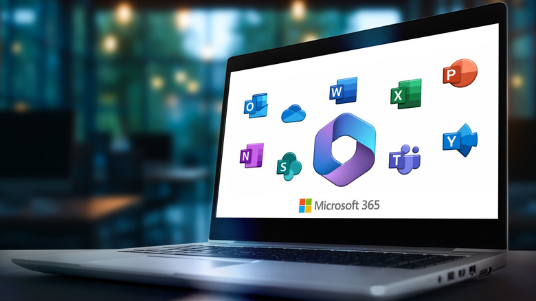 Microsoft Office 365 logos on laptop screen.