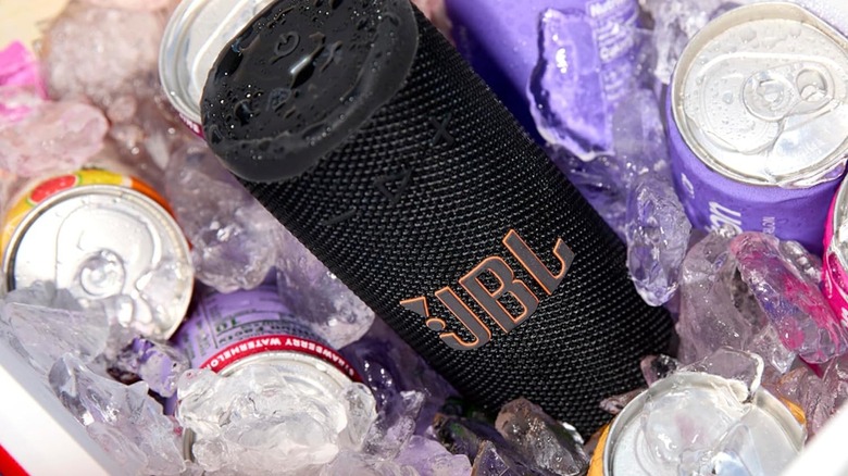 Waterproof JBL speaker stored in a cooler