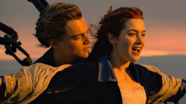 Jack (Leonardo DiCaprio) and Rose (Kate Winslet) at the front of the Titanic in "Titanic"