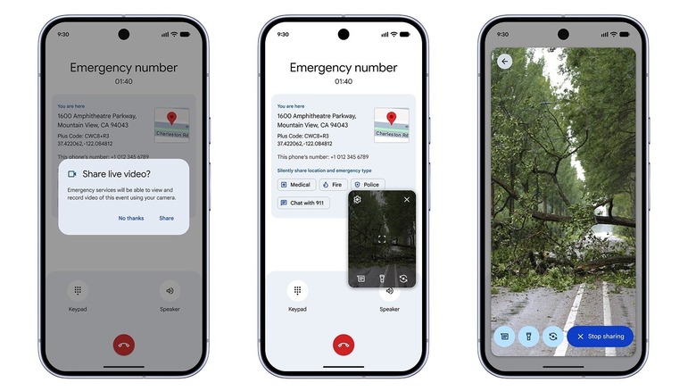 Screenshots showing the new Android Emergency Live Video feature