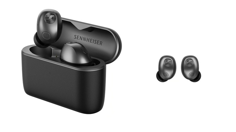 Sennheiser Momentum True Wireless 5 earbuds in graphite on white background.