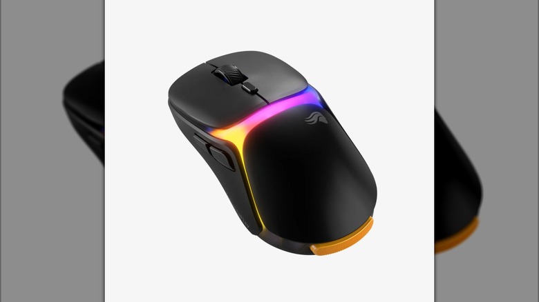 A Glorious O3 black wireless mouse with hot swappable battery in front of white background