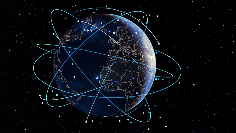 An illustration of Earth with visible orbital lines representing satellite movements.