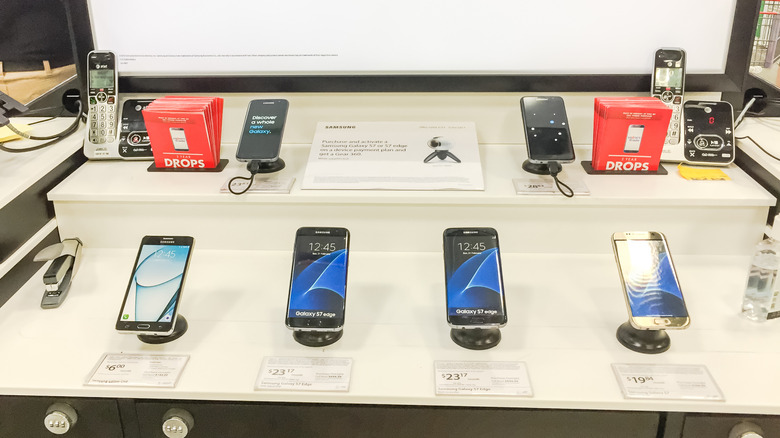 A selection of Android smartphones in a Costco display