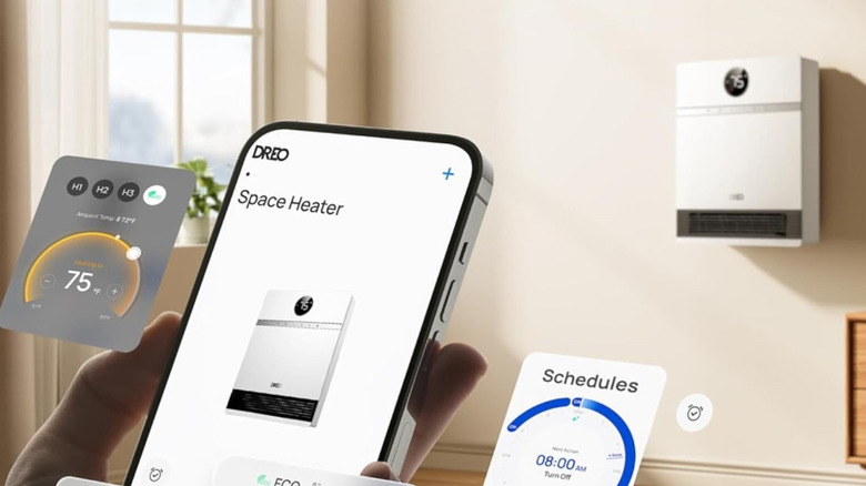 A DREO smart heater wall-mounted in a modern-looking living space.