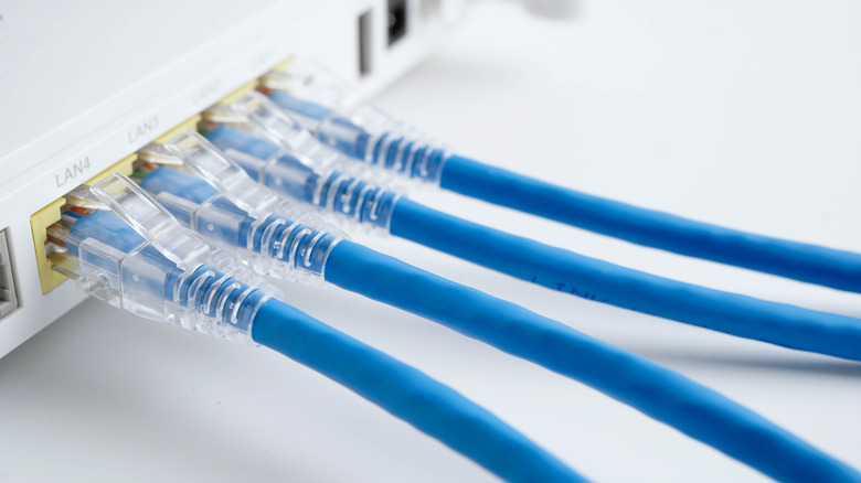 Four blue LAN cables plugged into the LAN ports on a router