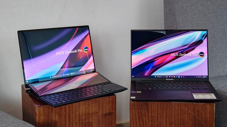 Asus's Zenbook Pro 14 Duo OLED from 2024 has a primary display and a second, adjustable one just above the keyboard.