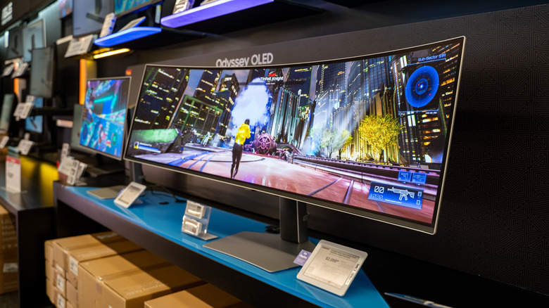 An ultrawide curved monitor on display in a store
