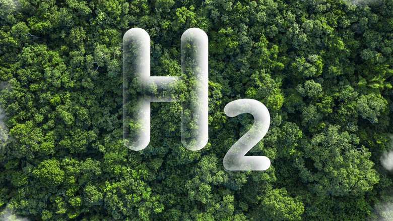 the symbol for hydrogen over a green forest