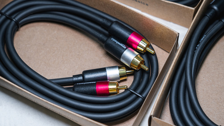 A photograph of Amazon Basics speaker cables.