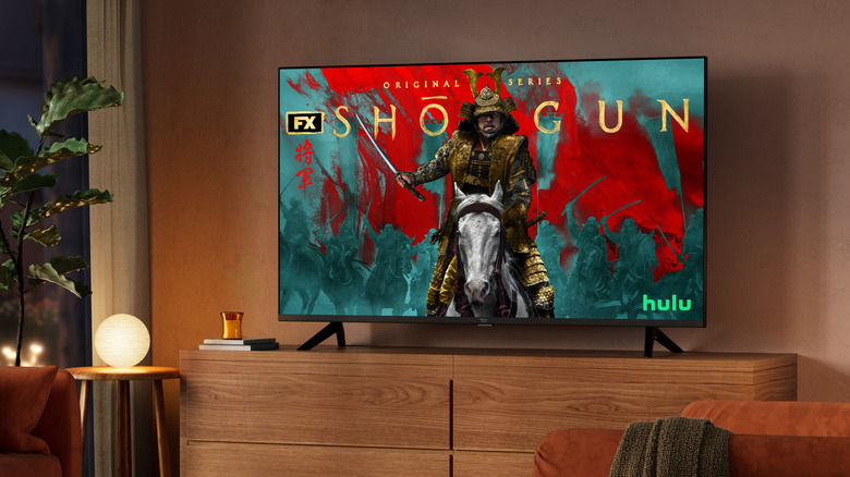 Amazon Fire TV in living room with Hulu and Shogun ad on screen.
