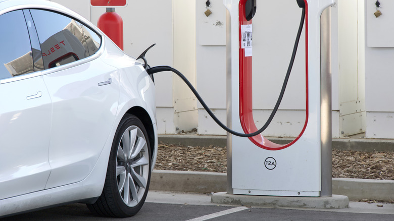 close-up of michelin tires on a Tesla as it charges at a supercharger