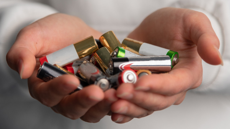 A person holding a bunch of batteries.