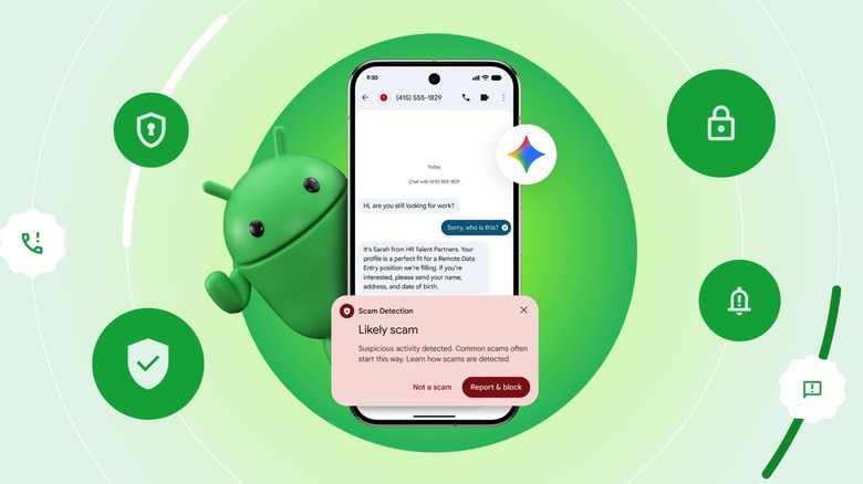 A Scam Detection warning for a suspicious message on a Pixel 10 phone.