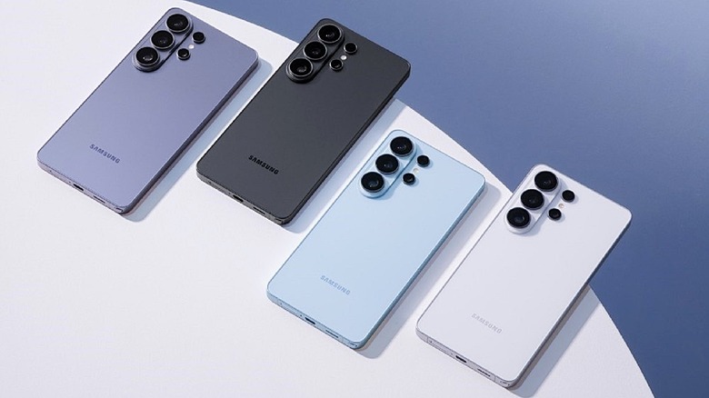 Samsung Galaxy S26 series lineup with rear of phones visible.