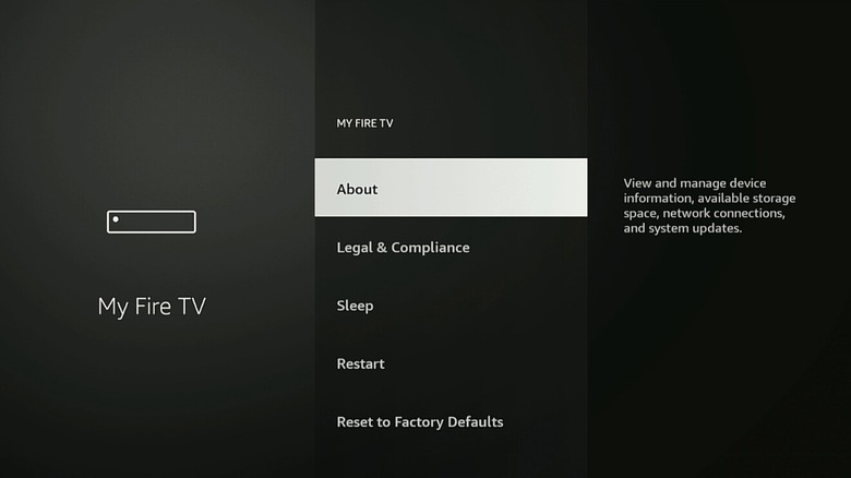 Amazon Fire TV Stick is operating, showing About in the Settings menu.