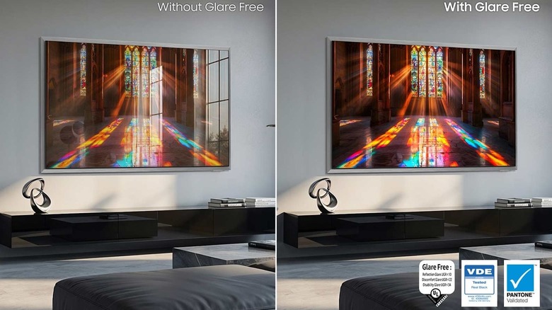 A side-by-side comparison of two OLED TVs, showing the difference between a screen without glare-free technology and one with.