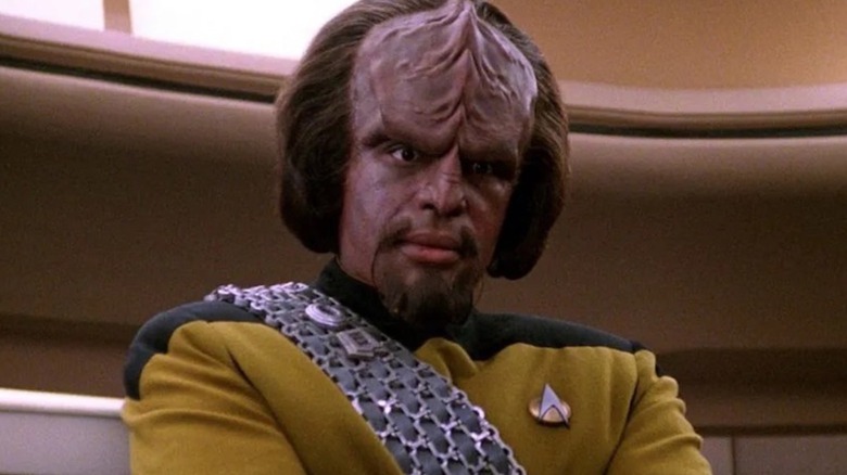 Worf (Michael Dorn) looking downward in 