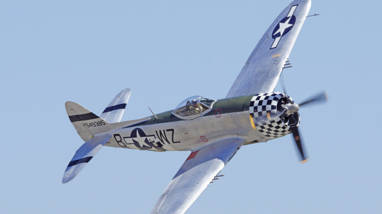 A P-47 Thunderbolt plane in flight
