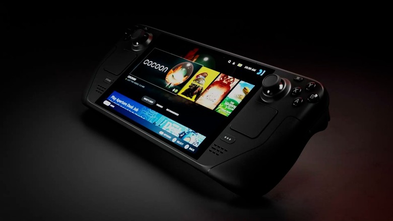 The OLED Steam Deck in front of a black background