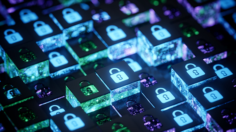 Artistic rendition of antivirus program with lock icons
